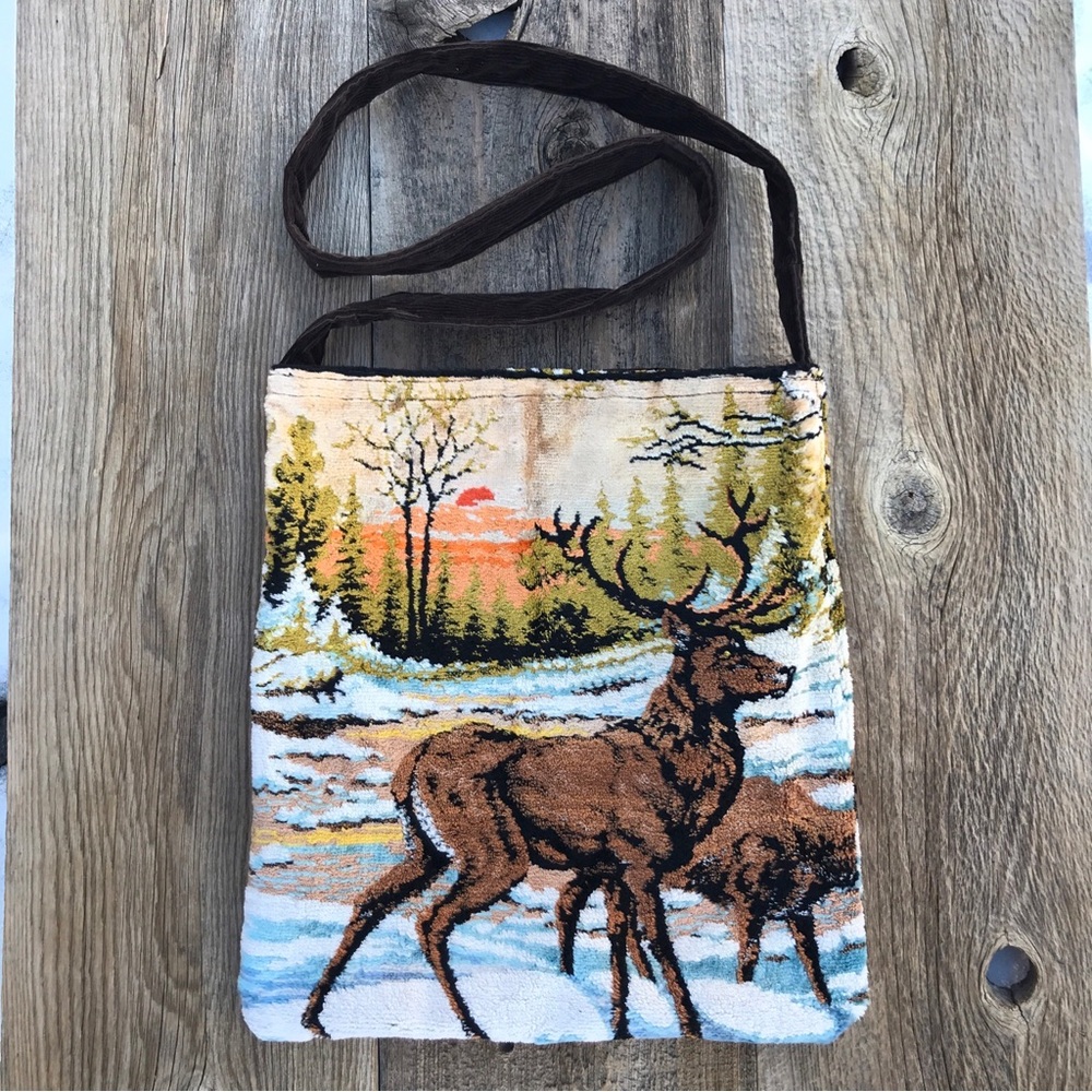 Handmade Deer in Snow Tapestry Crossbody Tote Bag